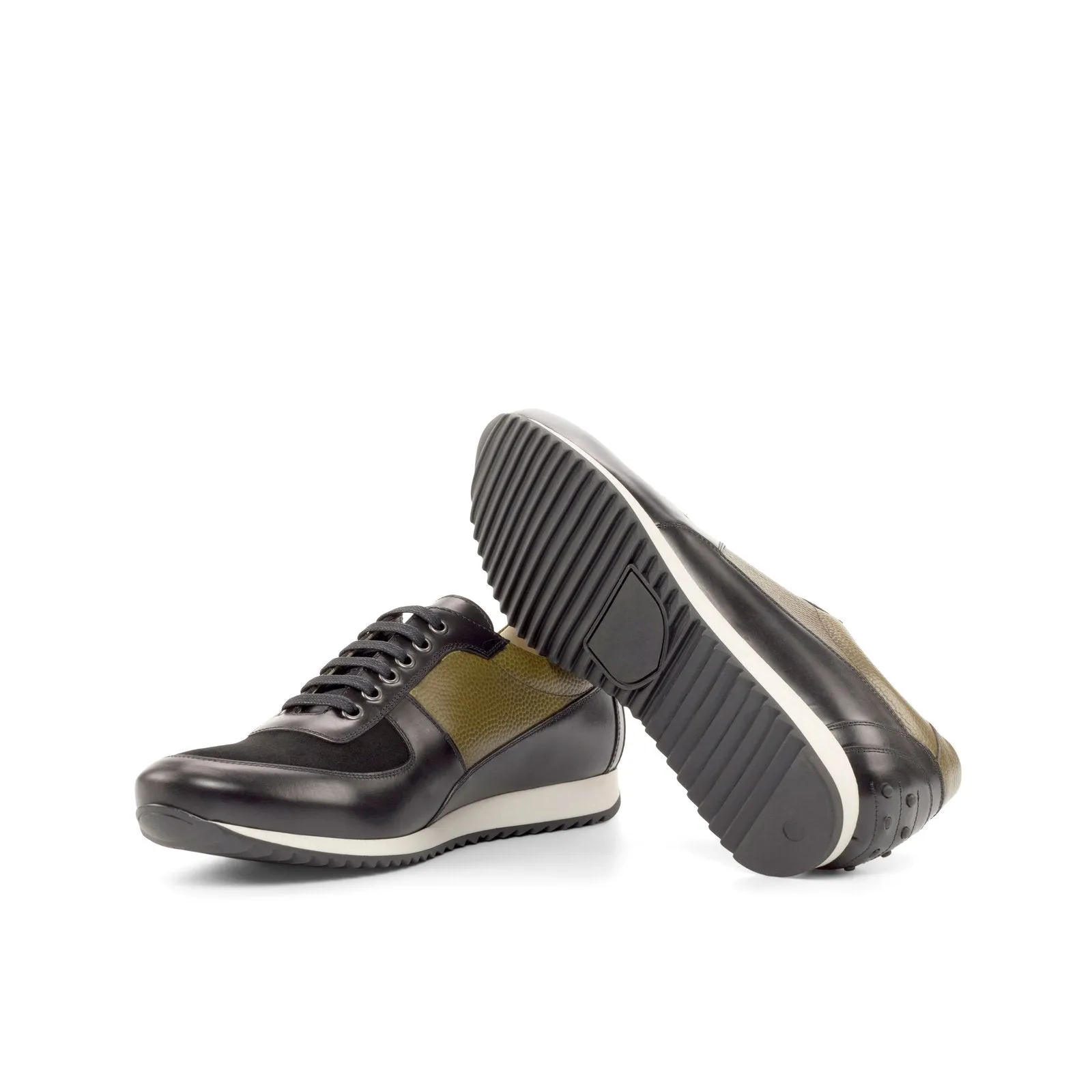 Ambrogio Bespoke Custom Men's Shoes Black & Olive Suede / Polished / Pebble Grain Leather Corsini Sneakers (AMB2182)