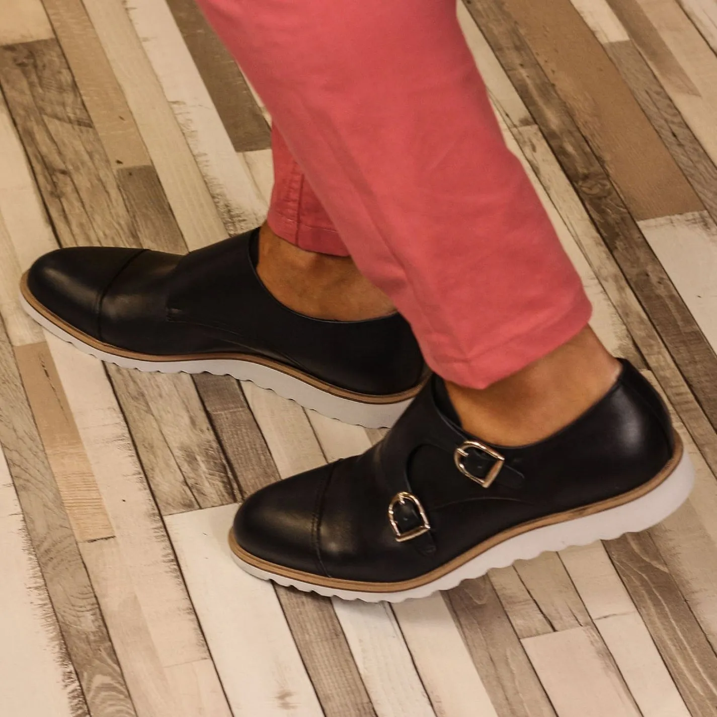 Ambrogio Bespoke Custom Men's Shoes Black Calf-Skin Leather Monk-Straps Loafers (AMB1890)