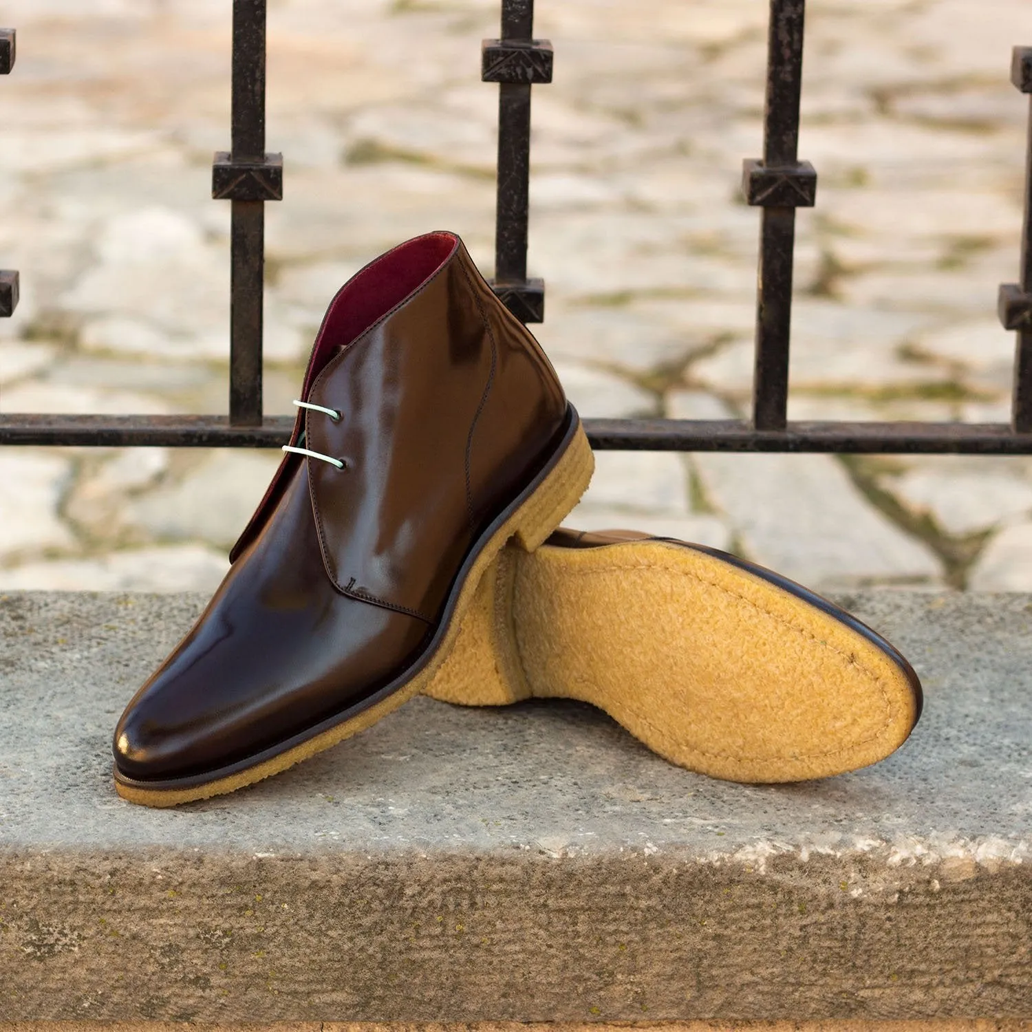 Ambrogio Bespoke Custom Men's Shoes Dark Brown Polished Calf-Skin Leather Chukka Boots (AMB1932)