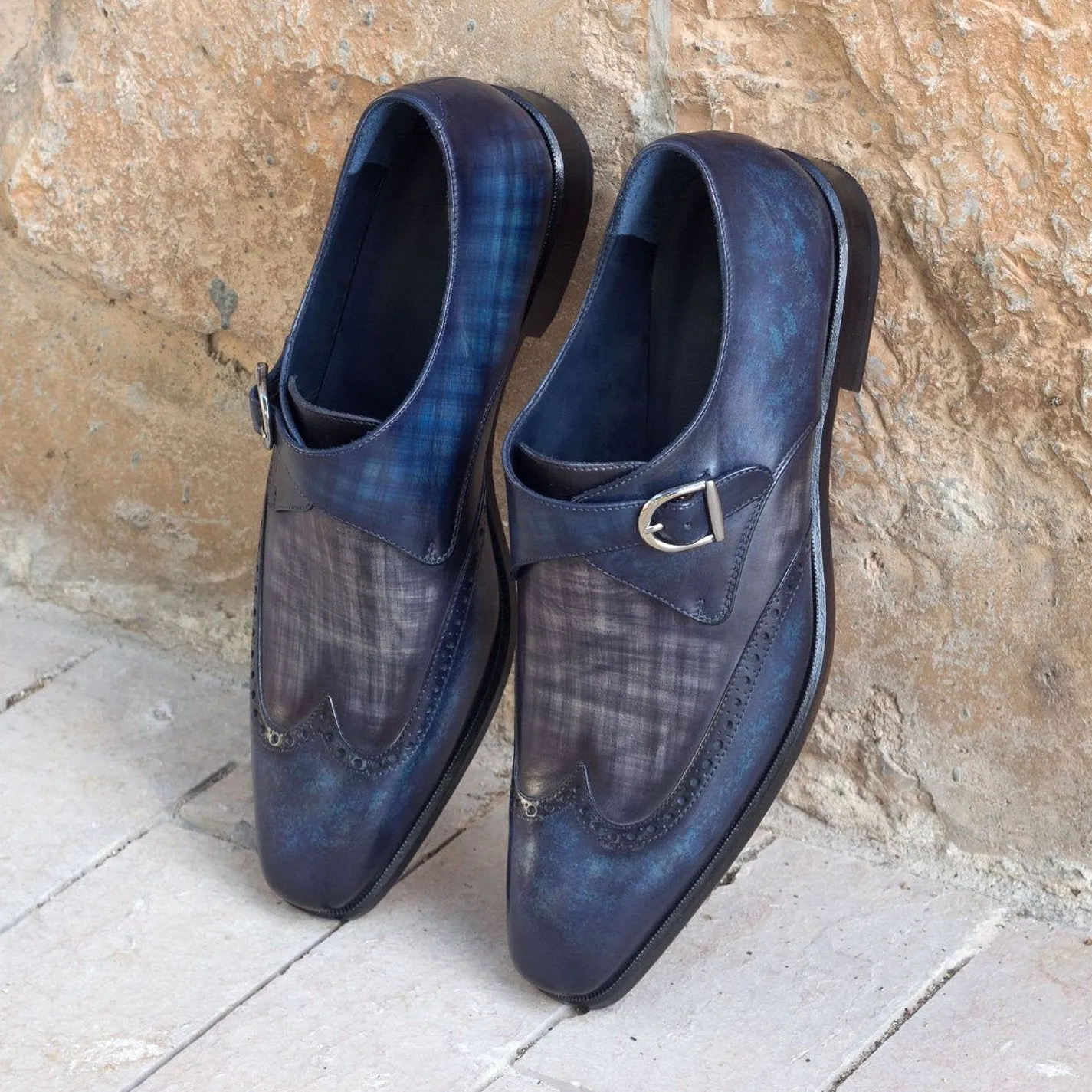 Ambrogio Bespoke Custom Men's Shoes Denim & Gray Patina Leather Monk-Strap Loafers (AMB1913)