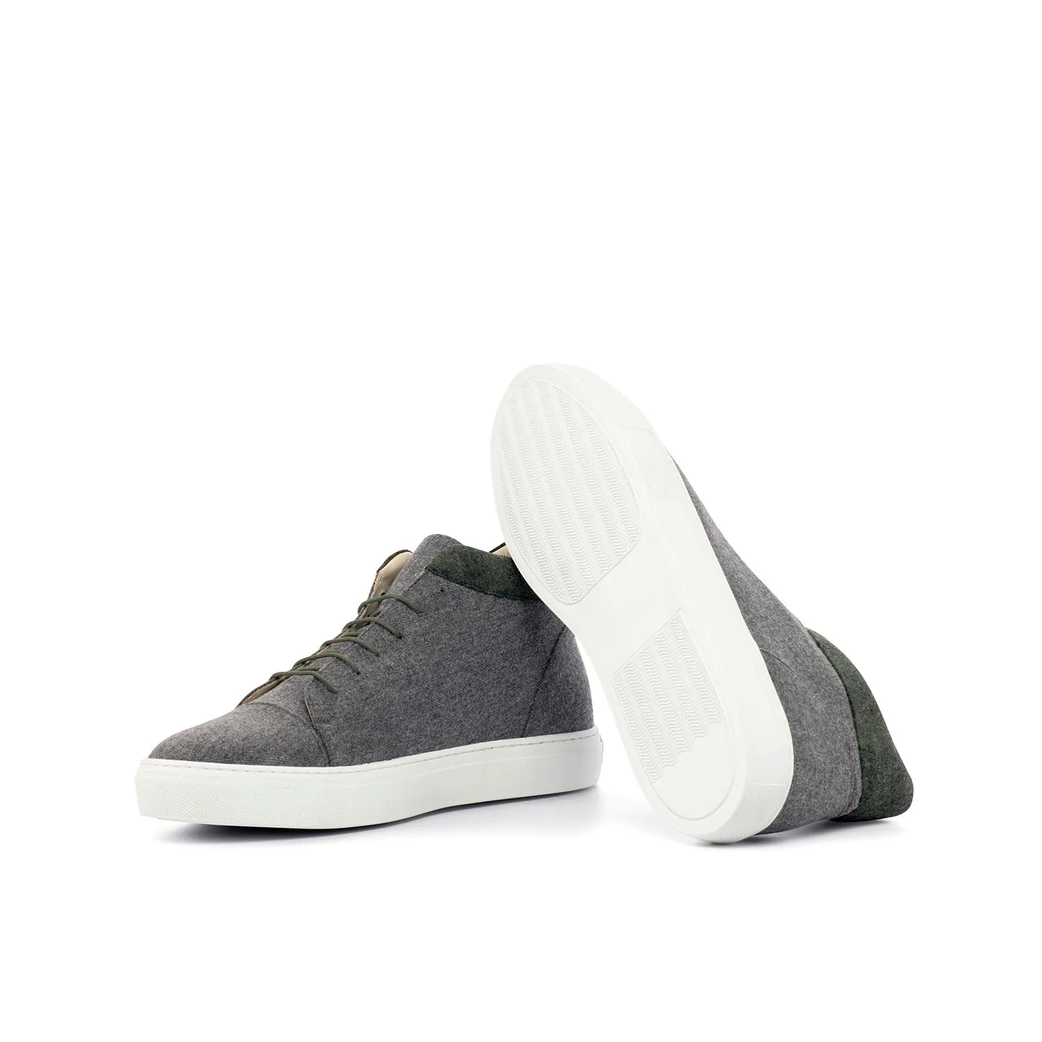 Ambrogio Bespoke Custom Men's Shoes Gray & Green Flannel Fabric High-Top Sneakers (AMB1935)