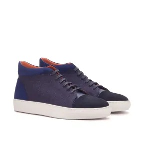 Ambrogio Bespoke Custom Men's Shoes Navy Linen / Suede / Calf-Skin Leather High-Top Sneakers (AMB2135)