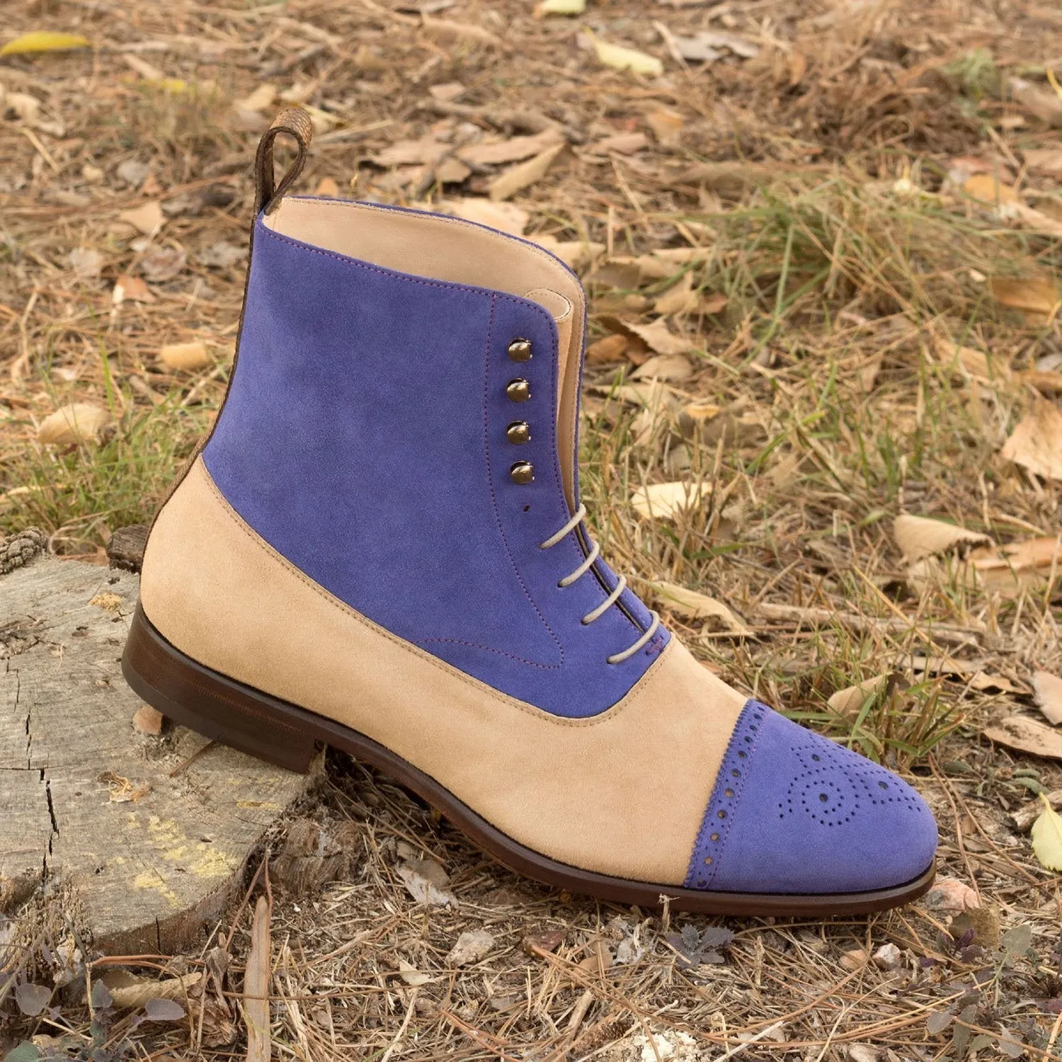 Ambrogio Bespoke Custom Men's Shoes Taupe, Olive & Purple Pebble Grain / Suede Leather Boots (AMB1997)