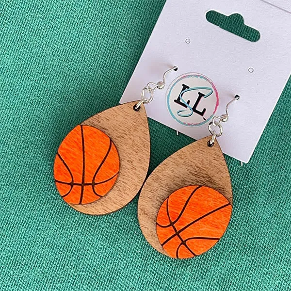 Basketball Hand Painted Wood Dangle Earrings