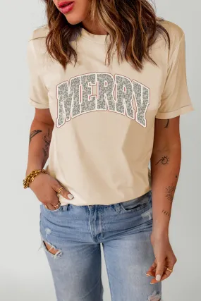 Beige Merry Leopard Letter Print Casual Top