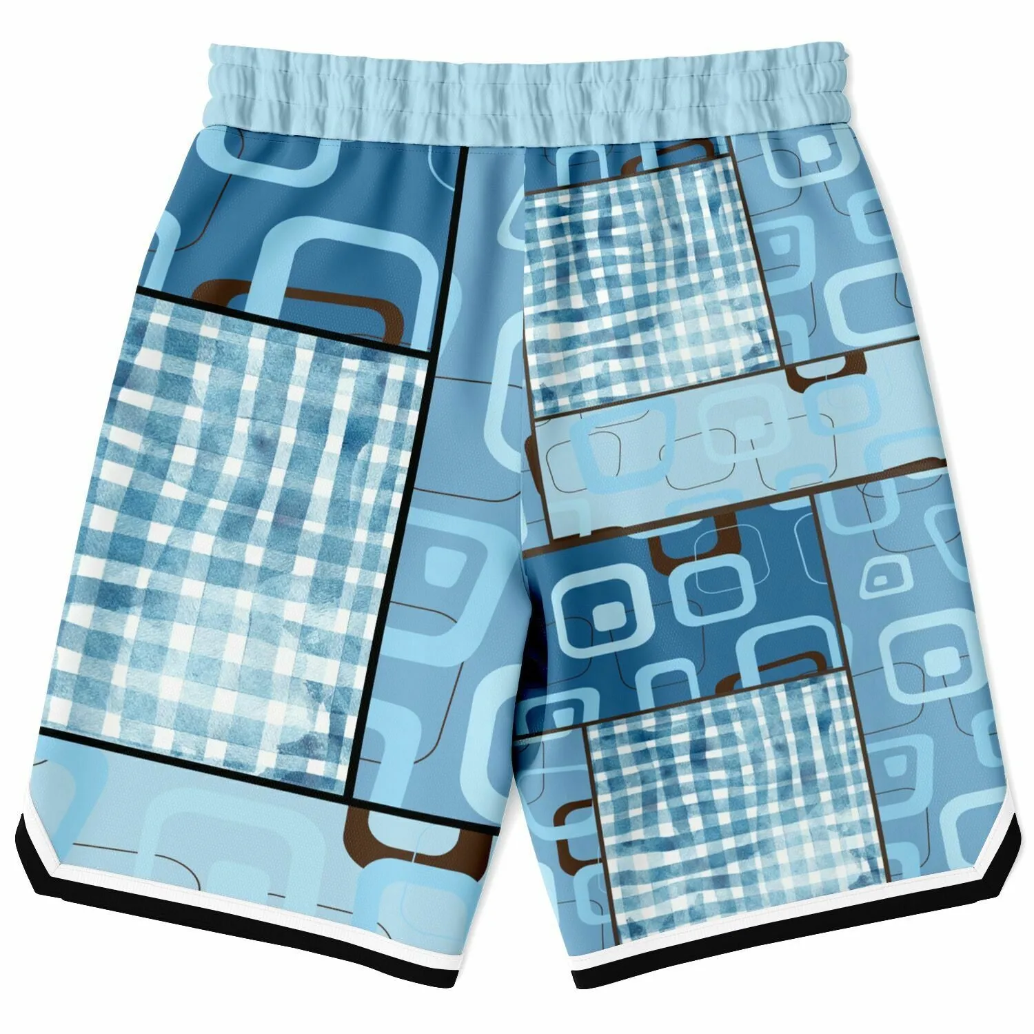 Blue Geo Patchwork Plaid Basketball Shorts