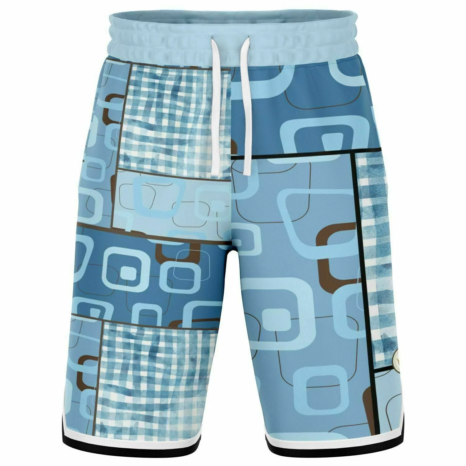 Blue Geo Patchwork Plaid Basketball Shorts