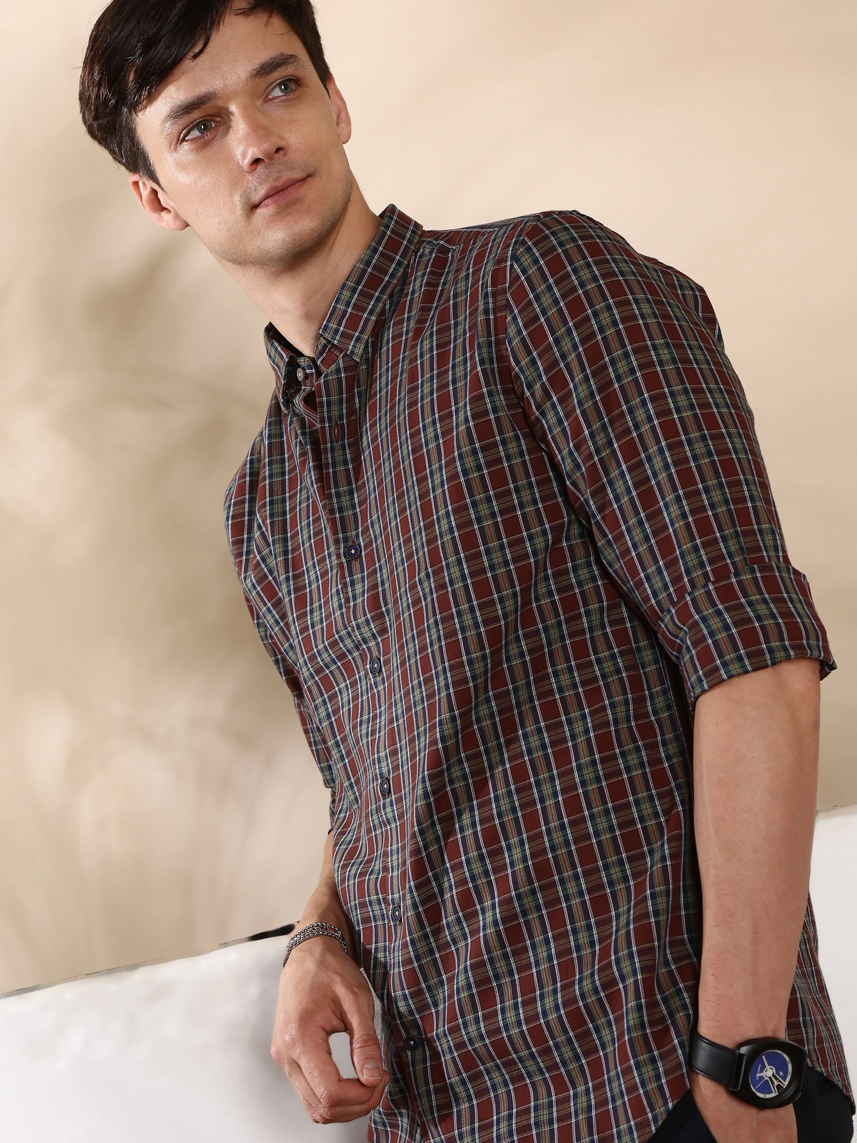 Brown Navy Shield Semi Casual Shirt