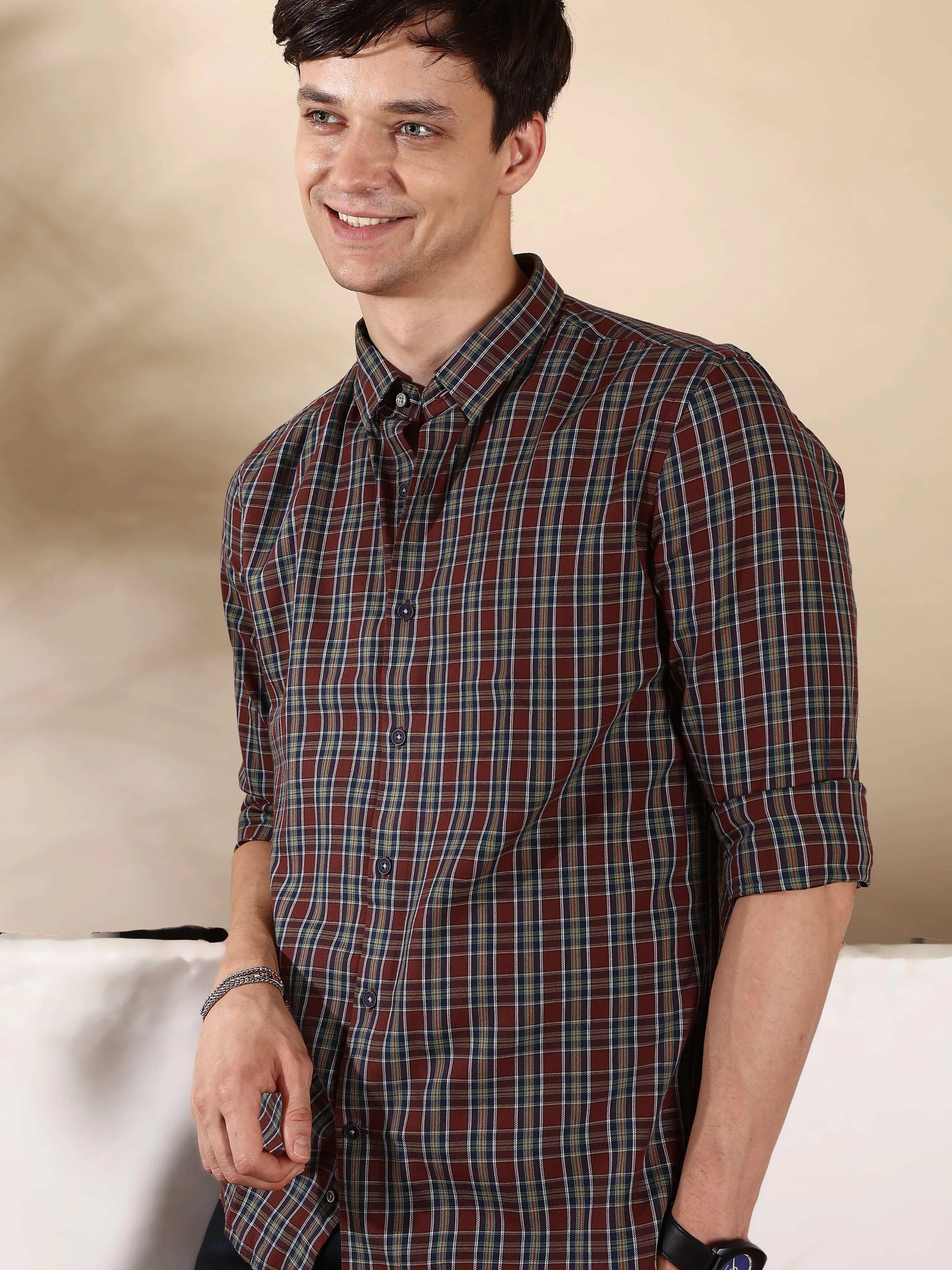 Brown Navy Shield Semi Casual Shirt