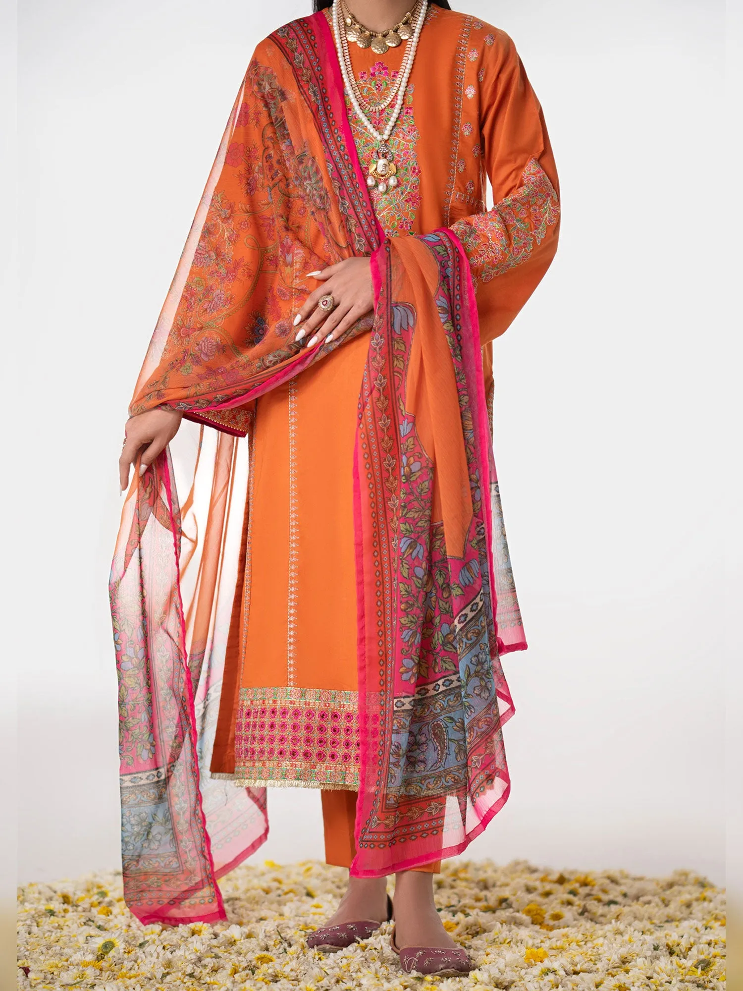 Casual Lite "Gul Posh" Embroidered Cotton Suit - Orange