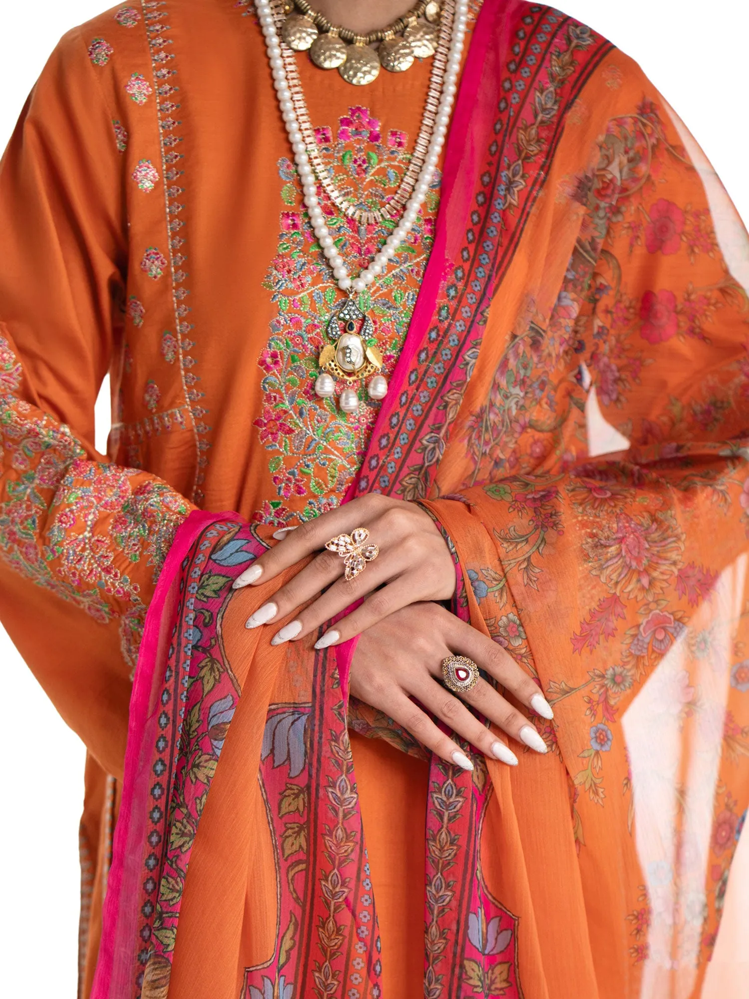 Casual Lite "Gul Posh" Embroidered Cotton Suit - Orange