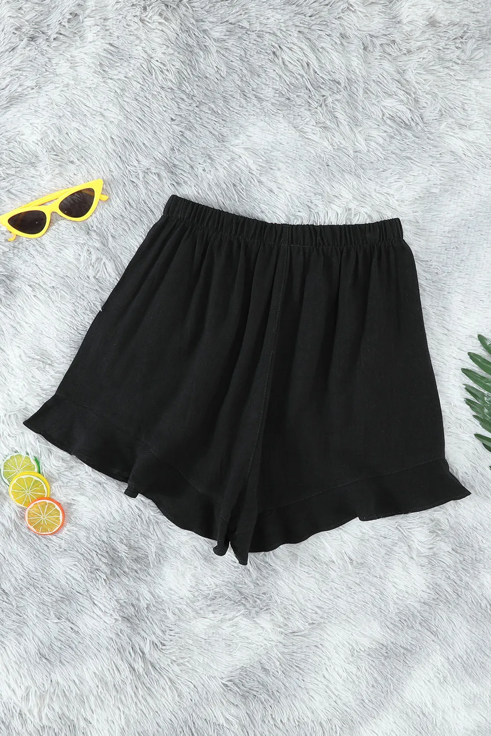 Casual Pocketed Flutter Black Linen Cotton Shorts