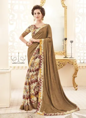 Crepe Silk Party Casual Printed Work Saree- tan