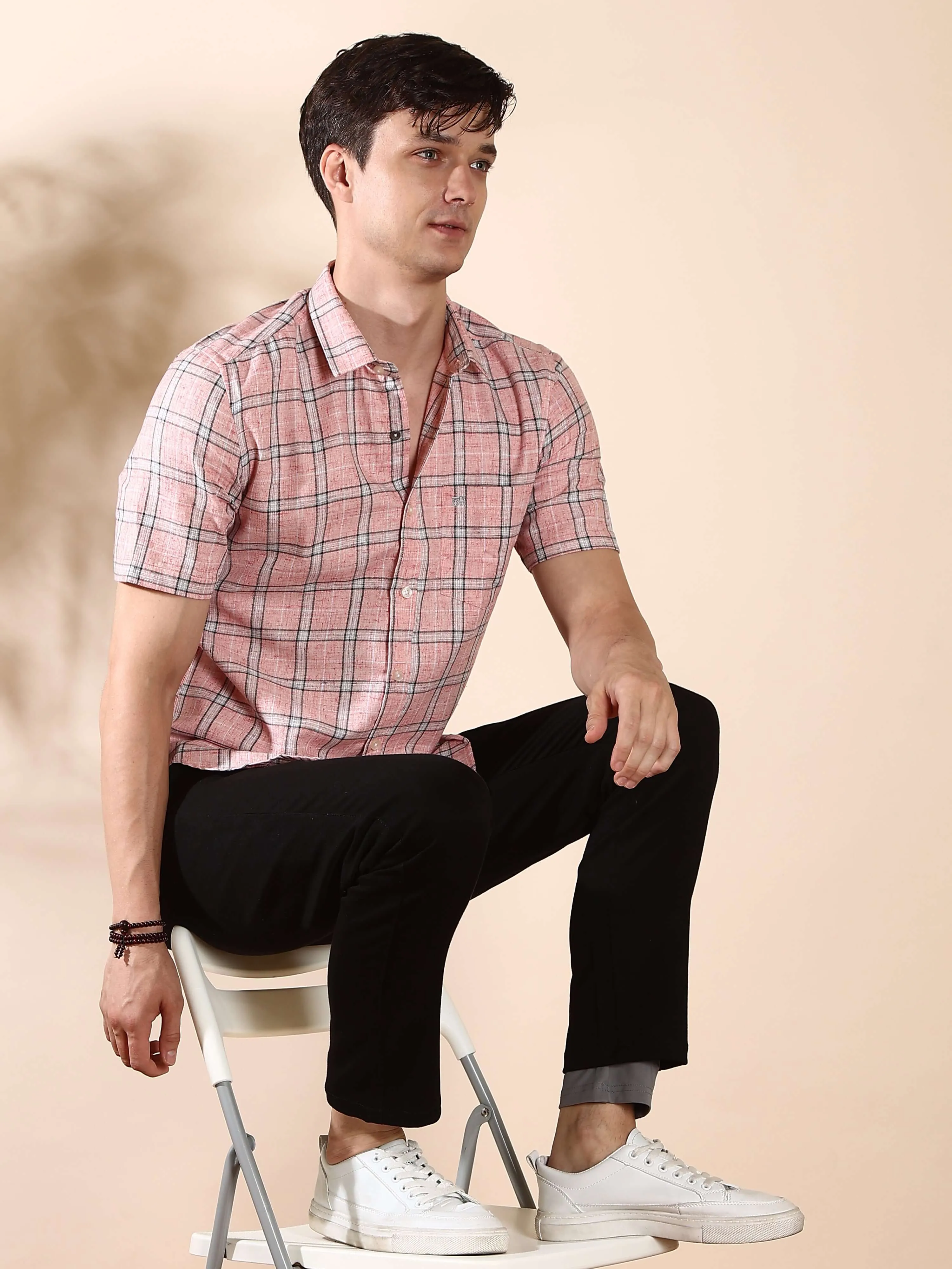 Pink casual check half sleeves shirt