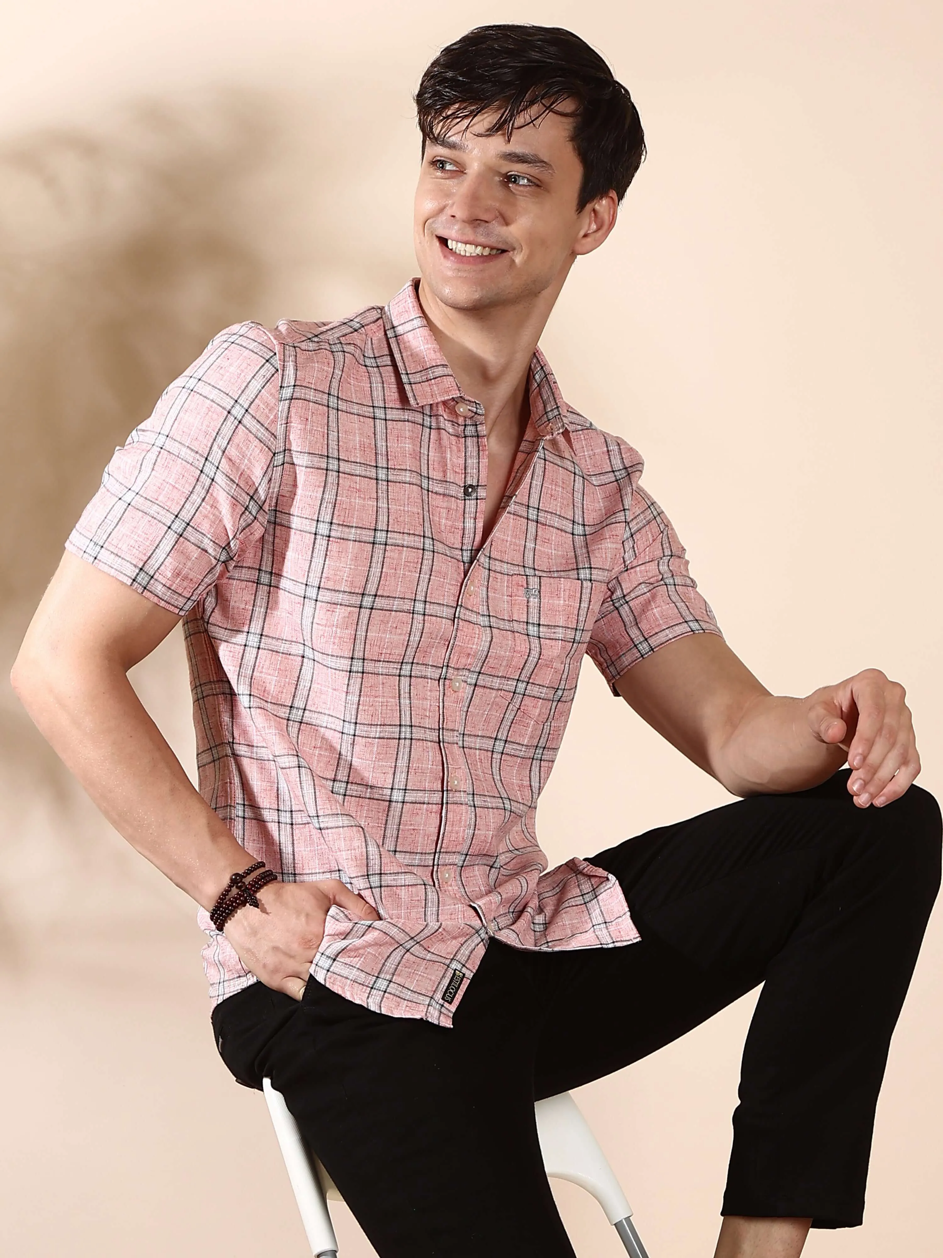 Pink casual check half sleeves shirt