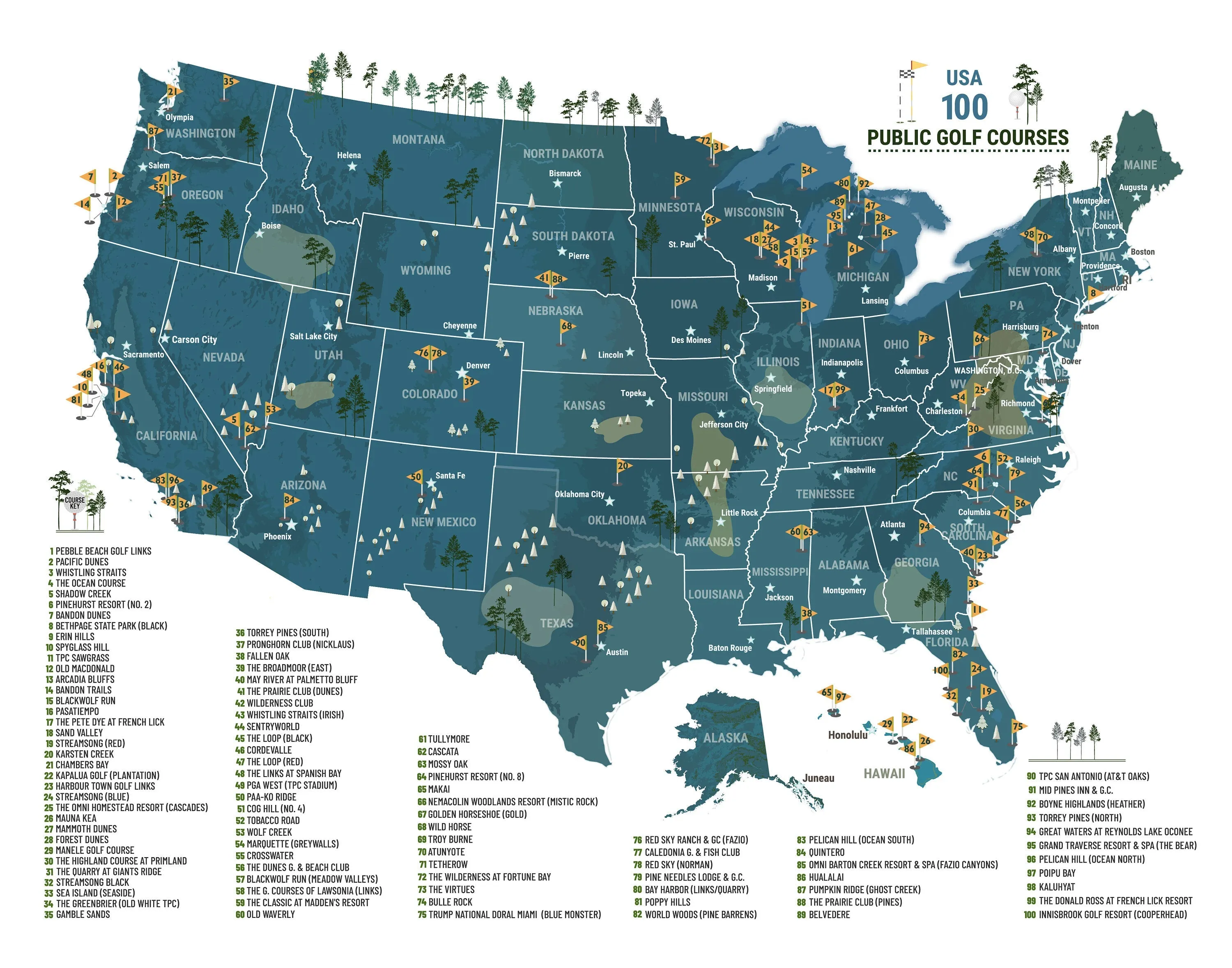 Push Pin Map Board - Golf Courses in USA Framed