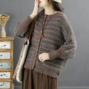 Spring Retro Cotton Knirred Stripe Casual Cardigan